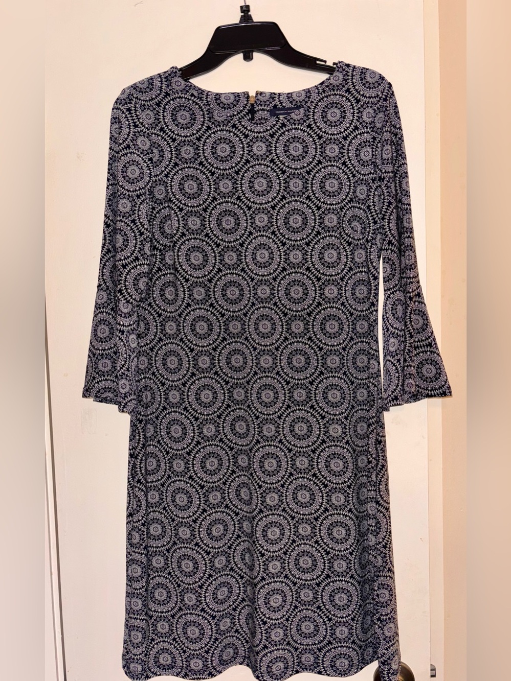 Tommy Hilfiger Navy and White Circular Print Long Sleeve Dress